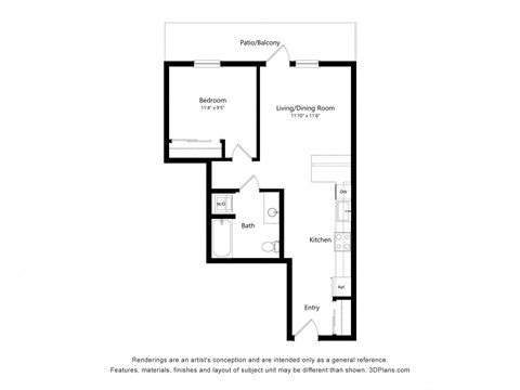 Floor plan for 1 bed, 1 bath, 650 sqft